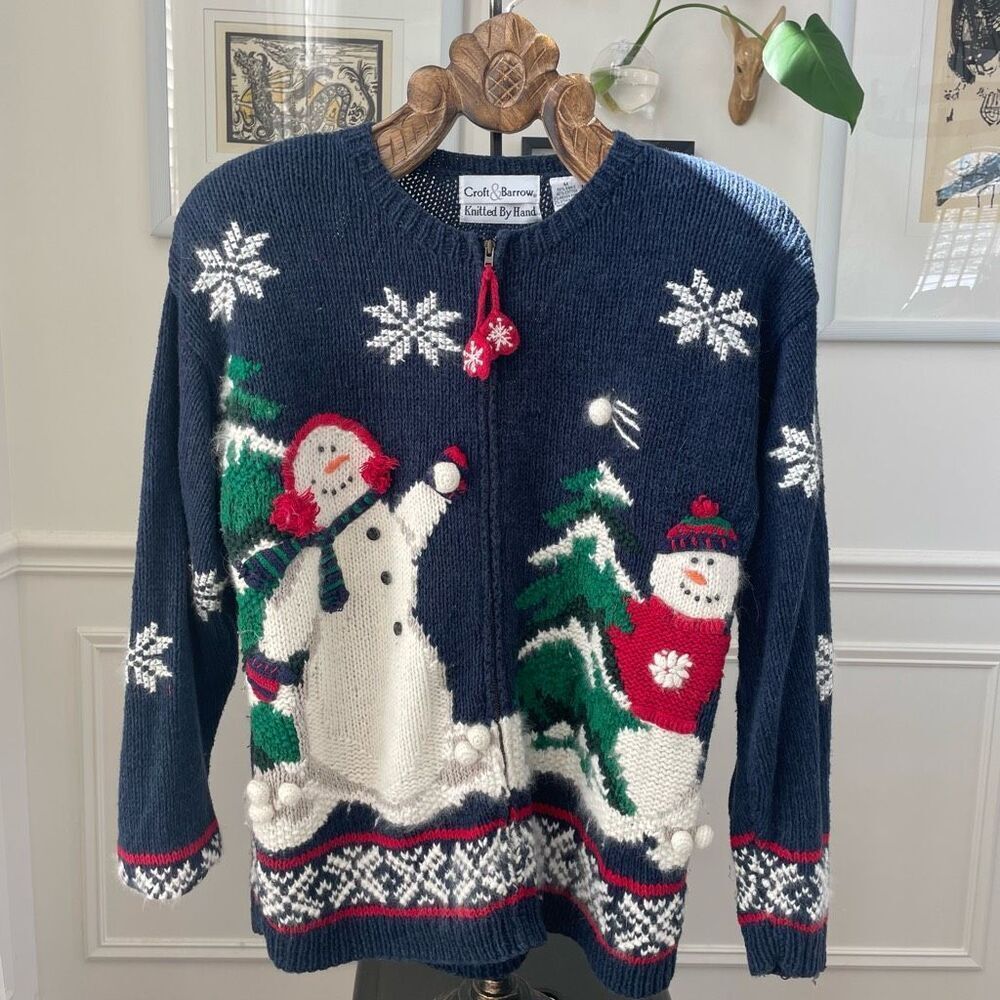 Vintage Croft & Barrow Knit by Hand Snowman Cardigan Sweater Angora M - Picture 1 of 9